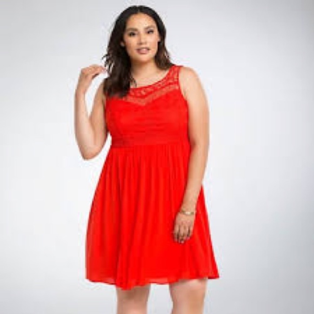 TORRID Gauze Crochet Skater Dress Red Sleeveless Sweetheart Neck Boho Bohemian